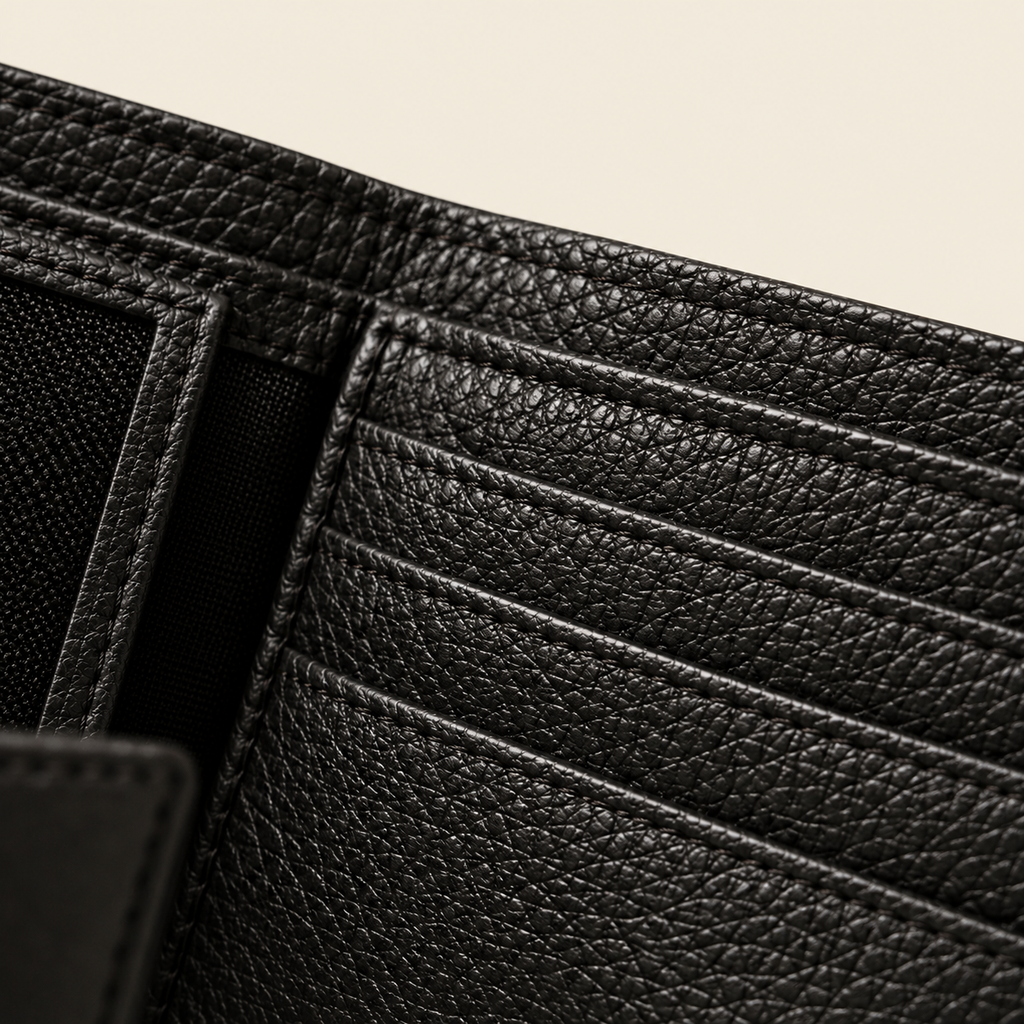 Atelier Midnight Black Alden Wallet — leather and stitching detail