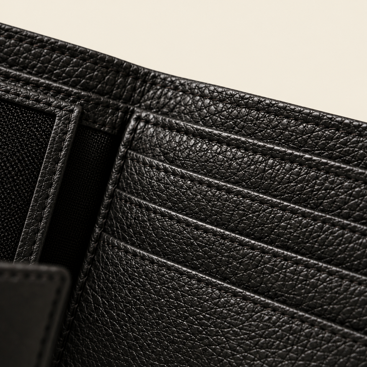Atelier Midnight Black Alden Wallet — leather and stitching detail