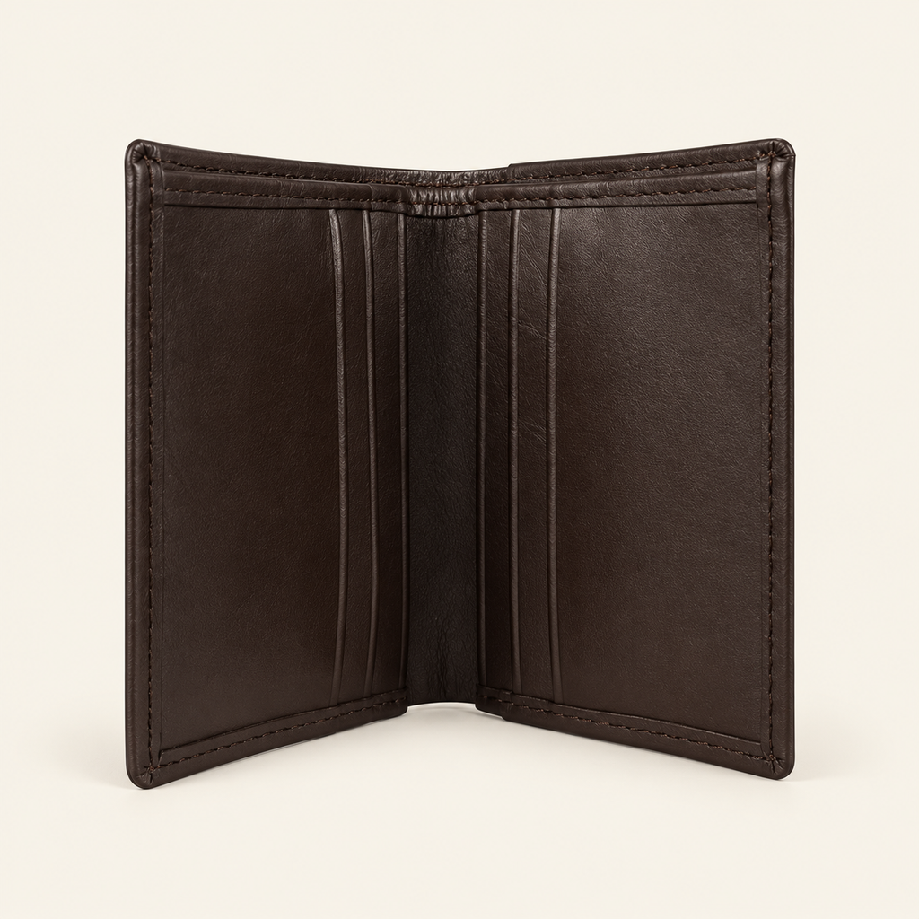 Atelier dark brown compact card holder — open interior